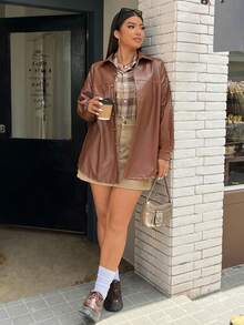 SHEIN EZwear Hơn Thả vai chất liệu da PU áo - Cà phê nâu - Xem 5