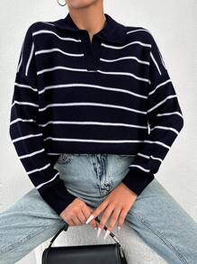 EURMUSE Striped Pattern Drop Shoulder Sweater - Navy Blue - View 5