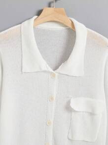 素色前紐扣口袋貼布襯衫洋裝 - 白色 - 查看 5