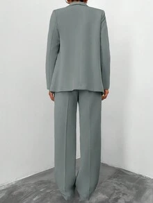 SHEIN 高個女款灰色素色披肩領長袖西裝外套與高腰長褲休閒套裝,附口袋細節 - 灰色 - 查看 3