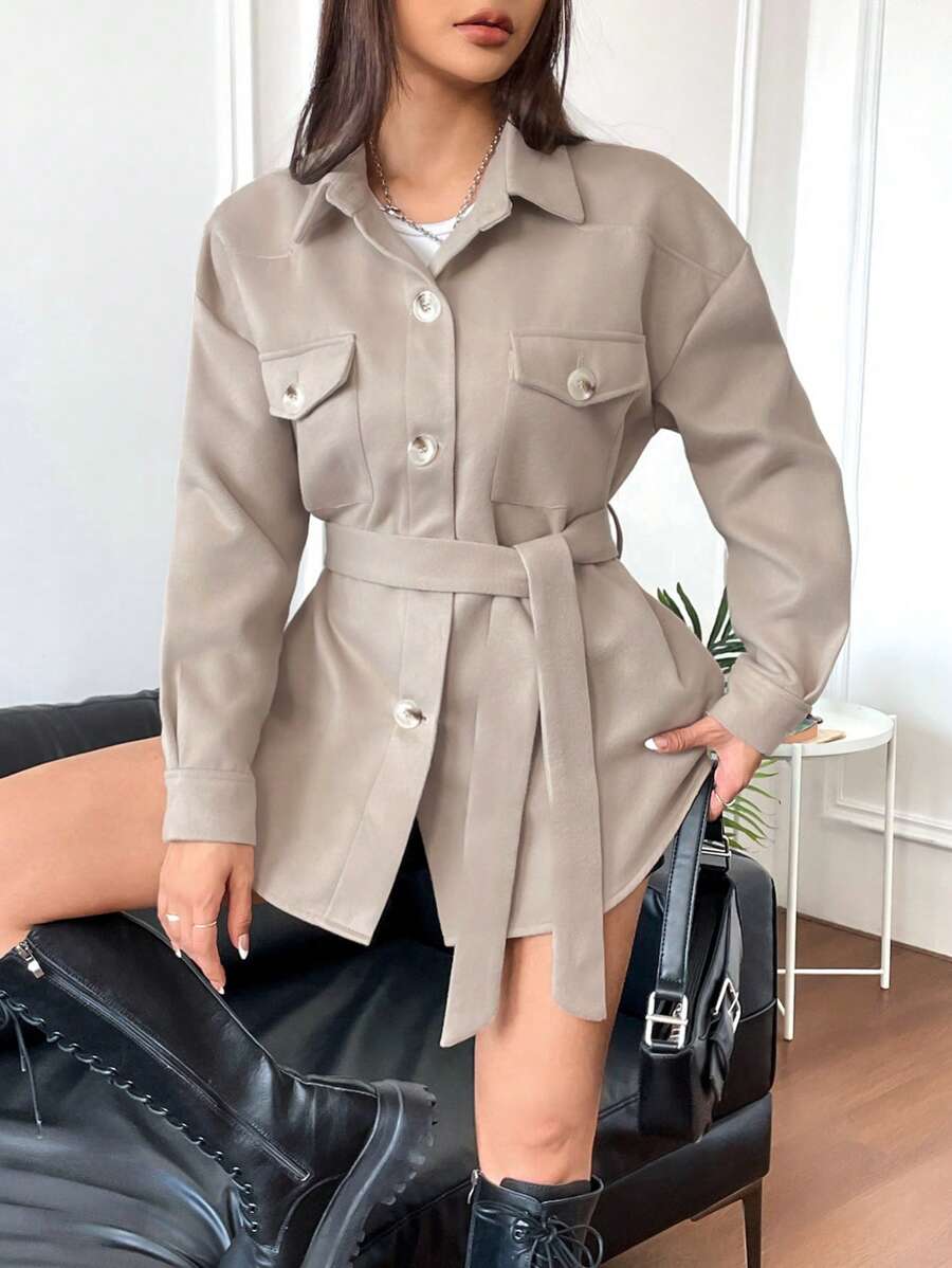 SHEIN Unity 翻蓋口袋落肩袖腰帶花呢外套 - 杏色 - 查看 1