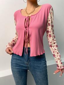 SHEIN LUNE 碎花前繫帶木耳邊上衣 - 粉色 - 查看 1