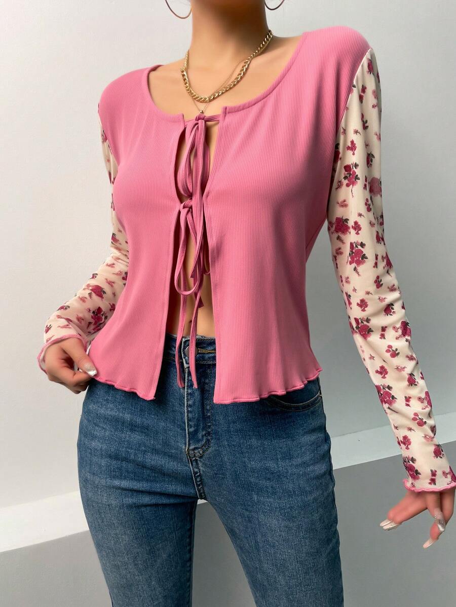 SHEIN LUNE 碎花前繫帶木耳邊上衣 - 粉色 - 查看 1