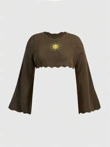ROMWE Hippie Hơn Thêu mặt trời Cắt vỏ sò Tay áo kèn  Áo len Crop - màu nâu - Xem 1