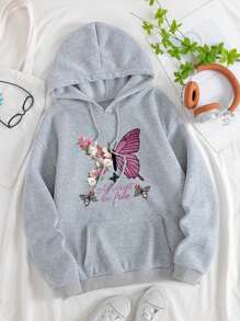 SHEIN EZwear Plus Size Butterfly & Floral Print Kangaroo Pocket Drawstring Thermal Lined Sweatshirt - Grey - View 1