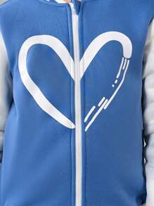 SHEIN Tween Girl Heart Print Two Tone Striped Trim Zipper Up Jacket - Multicolor - View 4