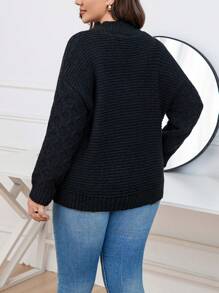 SHEIN LUNE Plus Mock Neck Drop Shoulder Sweater Knit Pullover Fall Winter Sweater - Black - View 2