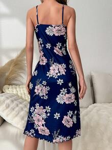 Floral Printed Spaghetti Strap Dress - Blue - View 2