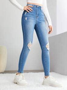 SHEIN Jeans rasgados para adolescente - Azul lavado medio - Ver 5