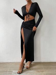 Allurite 鏤空前打結扭結高衩洋裝 - 黑色 - 查看 5