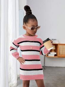SHEIN Young Girl Striped Pattern Drop Shoulder Sweater Dress - Pink - View 4