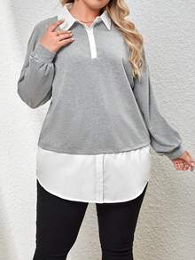 SHEIN Essnce Plus Two Tone Drop Shoulder 2 In 1 Sweatshirt - Light Grey - View 4