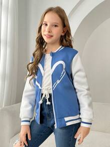 SHEIN Tween Girl Heart Print Two Tone Striped Trim Zipper Up Jacket - Multicolor - View 6