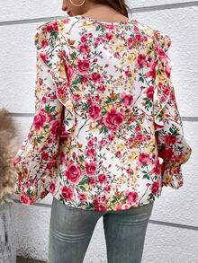 SHEIN VCAY In hoa tay áo lá sen Viền Ruffle Áo sơ mi - Nhiều màu - Xem 3