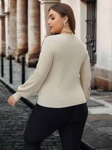 SHEIN Clasi Plus Floral Pattern Bishop Sleeve Drop Shoulder Sweater - Apricot - View 2