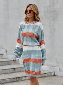 SHEIN LUNE Colorblock Drop Shoulder Drawstring Hooded Sweater Dress - Multicolor - View 4