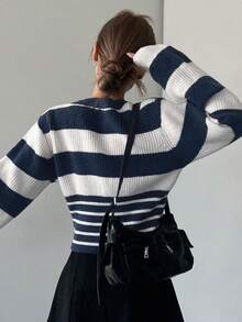 Dazy Star Women'S Striped Drop Shoulder Sweater - Navy Blue - View 2
