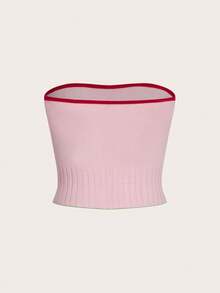 SHEIN MOD Cherry Pattern Contrast Trim Tube Knit Top - Pink - View 2