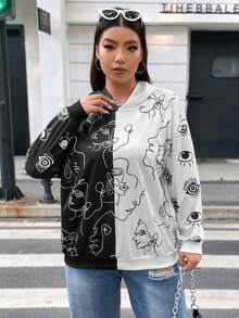 Flirla Plus Figure Graphic Two Tone Hoodie - Black and White - View 5