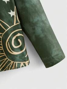 ROMWE Hippie 太陽&星星印花紮染不對稱領T恤 - 軍綠色 - 查看 3