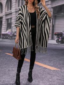 SHEIN Unity Mô hình sọc ngựa vằn tay cánh Fringe Hem Áo len Mở - Nhiều màu - Xem 5