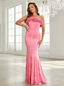 SHEIN Belle Women's Exaggerated Strapless Velvet Burnout Ruffle Tiered Mermaid Evening Dress - Pink - View 1