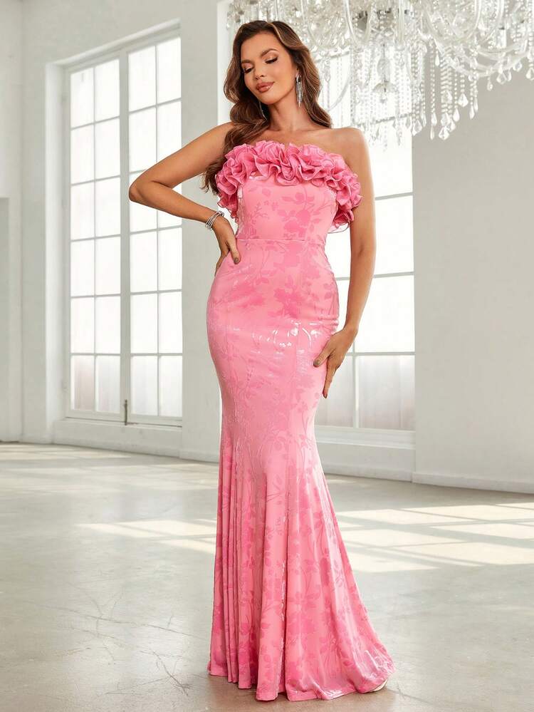 Women's Exaggerated Strapless Velvet Burnout Ruffle Tiered Mermaid Evening Dress