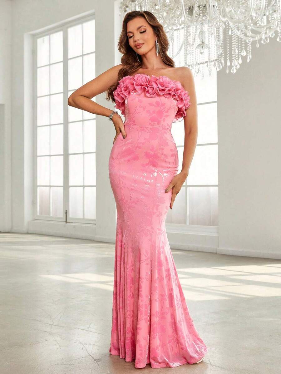 SHEIN Belle Women's Exaggerated Strapless Velvet Burnout Ruffle Tiered Mermaid Evening Dress - Pink - View 1