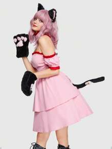 ROMWE Kawaii Off Shoulder Ruffle Hem Costume Dress - Pink - View 5