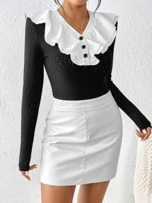 SHEIN Privé Body De Manga Larga Para Mujer Con Cuello Grande Y Color De Contraste