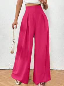 SHEIN LUNE Ultra High Waist Plicated Detail Wide Leg Pants - Hot Pink - View 4