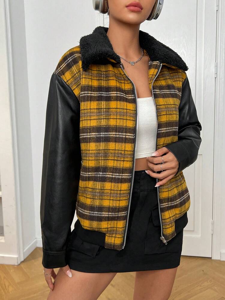 Plaid Patchwork Fabric Zipper Front Jacket With Collar