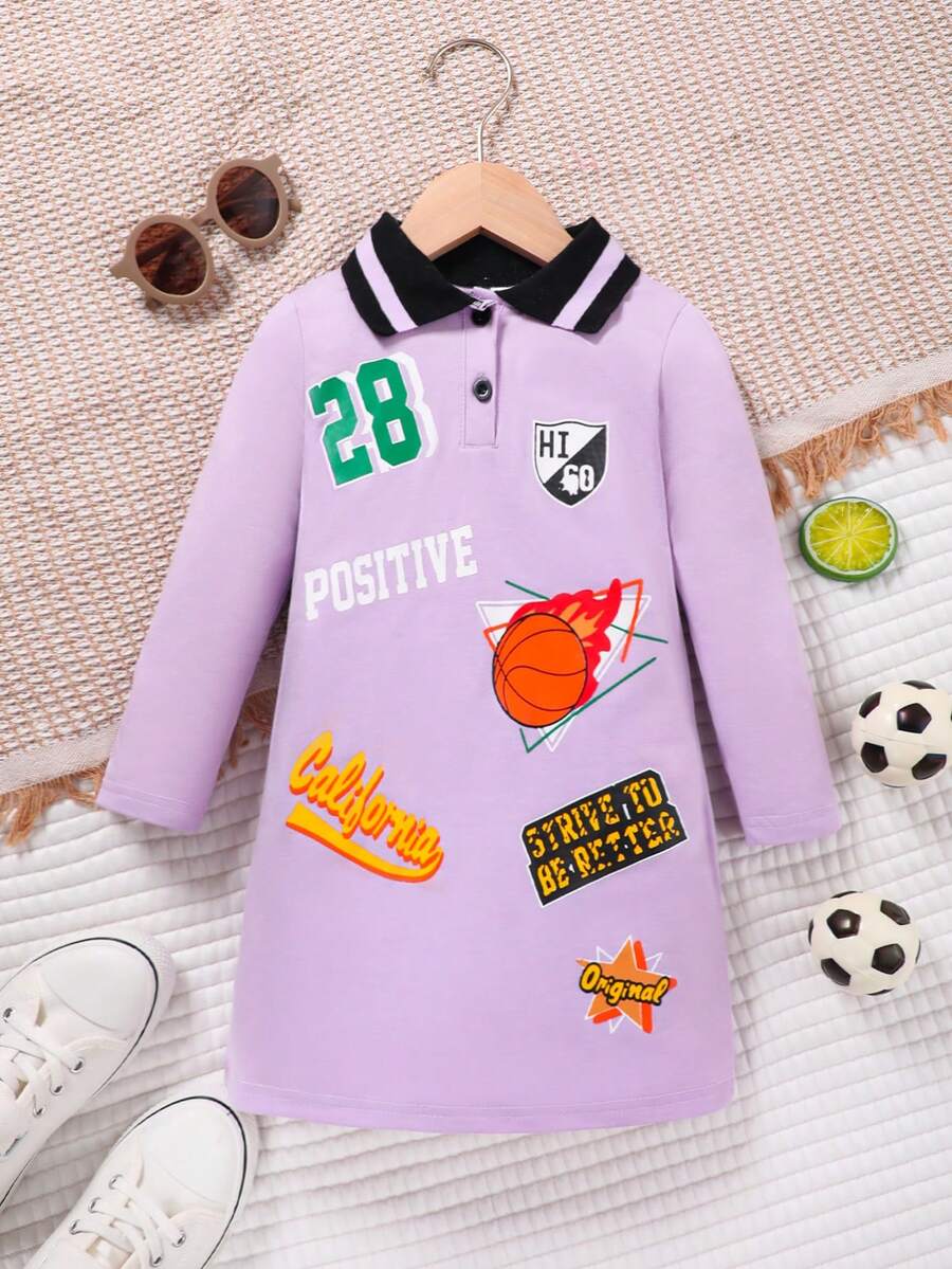 SHEIN Cô Gái Trẻ Đồ họa Chữ cái Cổ áo tương phản Cổ Polo Váy áo thun - Màu tím  Violet - Xem 1