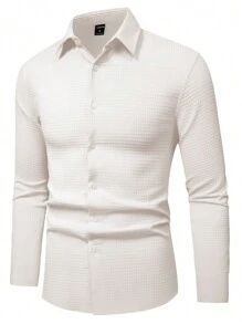 Calvornis Men Solid Button Front Long Sleeve Shirt, Fall - Apricot - View 3