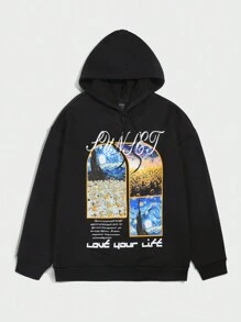 ROMWE MEN Street Life 男士帶有油畫標語印花和束口的連帽衫 - 黑色 - 查看 1