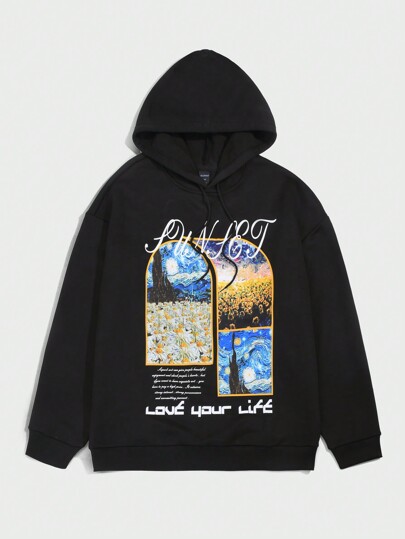 Street Life Sudadera Con Capucha Para Hombres Con Eslogan De Pintura Al Óleo Y Cordón