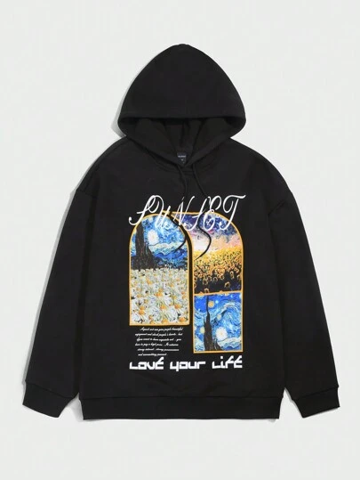 ROMWE MEN Street Life 男士帶有油畫標語印花和束口的連帽衫