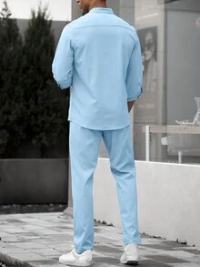 Manfinity 男士素色前排扣襯衫&腰部抽繩長褲 - 藍色 - 查看 2