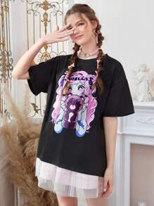 ROMWE Anime Cartoon Figure Graphic Tee - Black - View 3