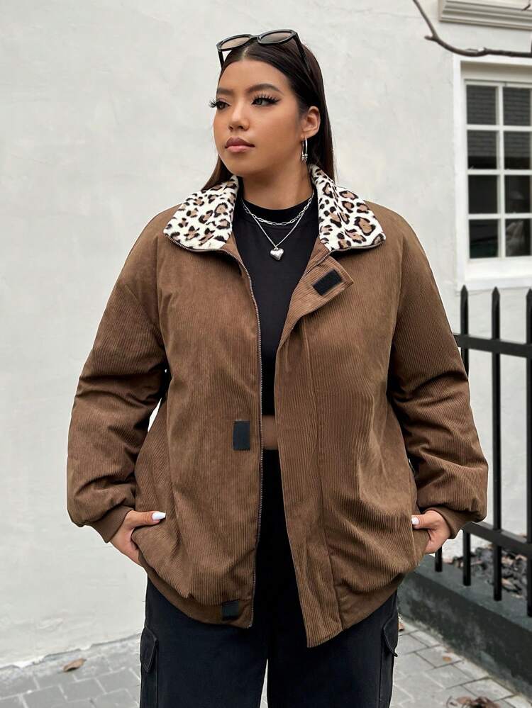 Plus Size Leopard Borg Collar Padded Coat