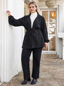 SHEIN Cottnline Plus Lapel Neck Coat & Pants - Black - View 1