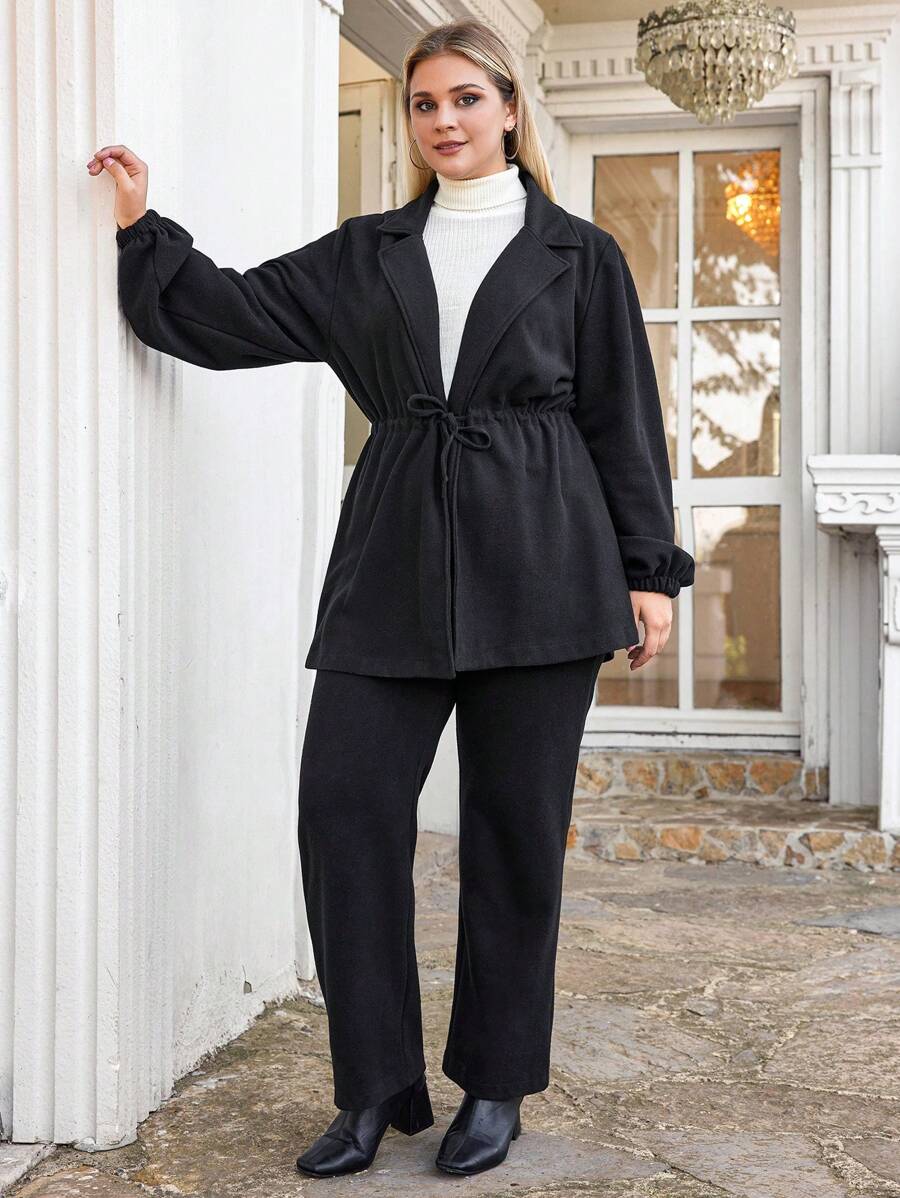 SHEIN Cottnline Plus Lapel Neck Coat & Pants - Black - View 1