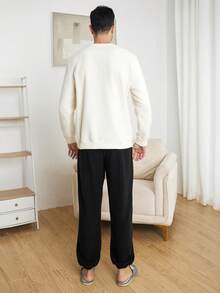 男士字母刺繡絨毛休閒服背心上衣 - 杏色 - 查看 2