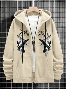 Manfinity EMRG Men's Character Pattern Zip-up Hoodie With Drop Shoulder And Drawstring - Apricot - View 2