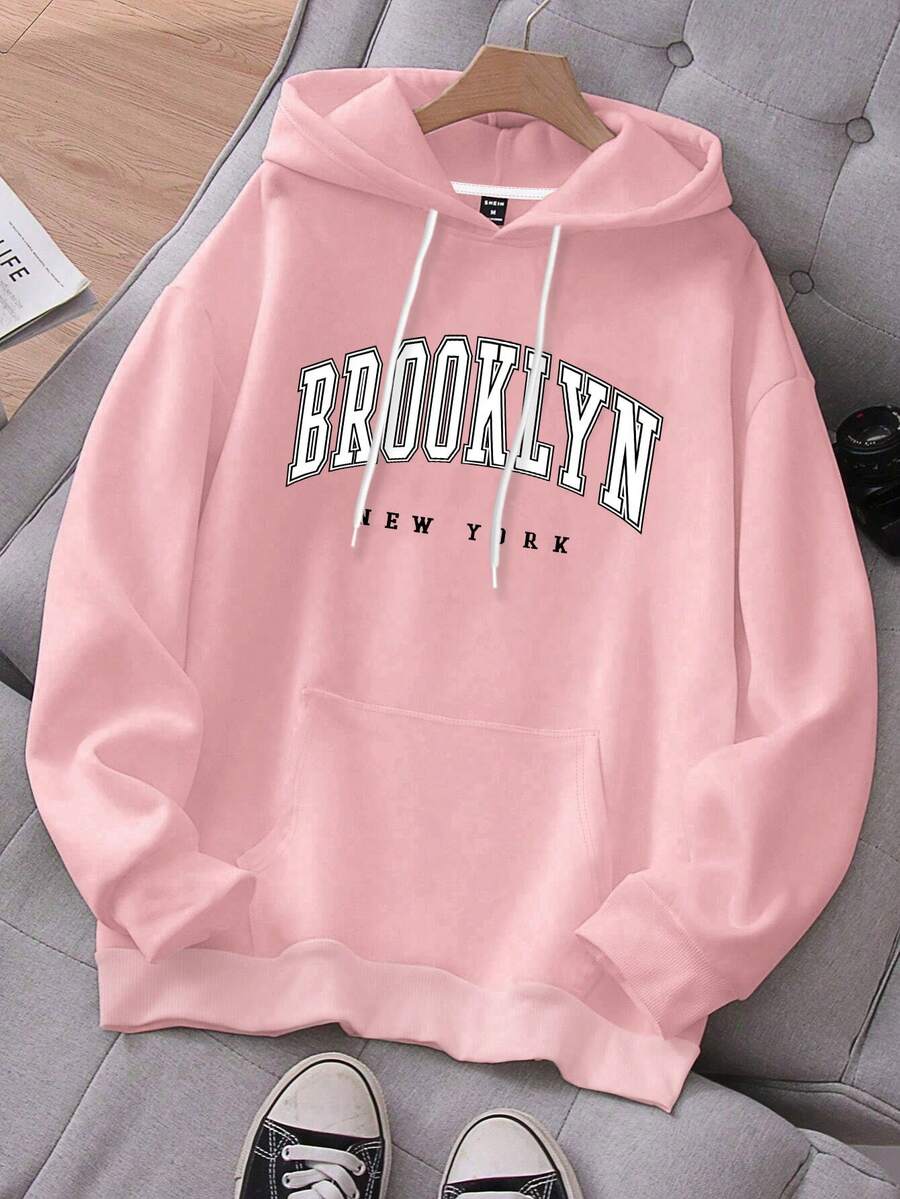 Aesthetic Post 男士字母圖案袋鼠口袋抽繩連帽衫 - 粉色 - 查看 1