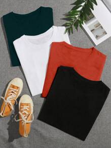 SHEIN Unity 4pcs Solid Round Neck Tee - Multicolor - View 1