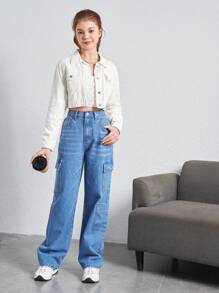 SHEIN Teenage Girls' Y2k Street Style Loose Fit Denim Cargo Pants With Multiple Pockets - Medium Wash - View 1