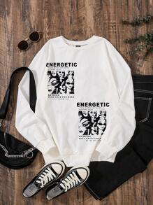 SHEIN Unity Slogan & Figure Graphic Drop Shoulder Sweatshirt - White - View 1