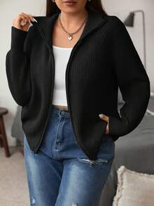 Flirla Plus Raglan Sleeve Zip Up Cardigan - Black - View 4