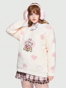 ROMWE Kawaii 大碼1入組心&卡通圖案落肩袖套頭毛衣 - 杏色 - 查看 5